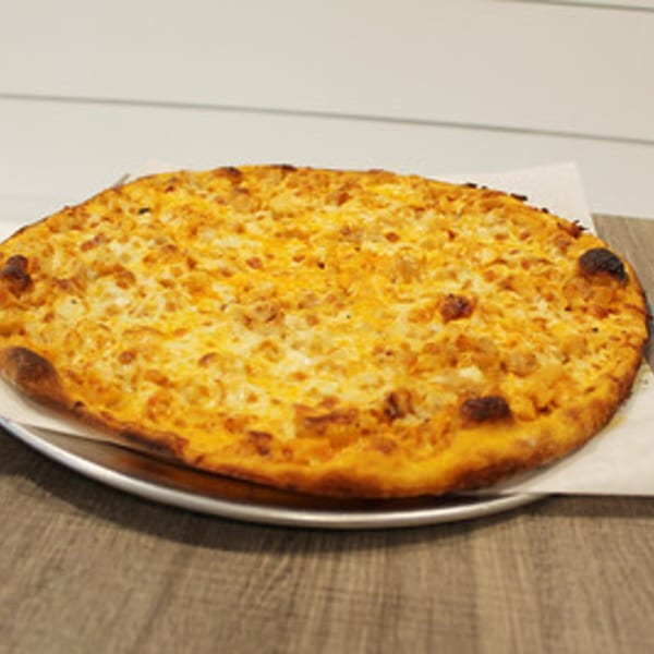 A whole Marco Pizzeria cheese pizza with a golden crust on a metal tray.