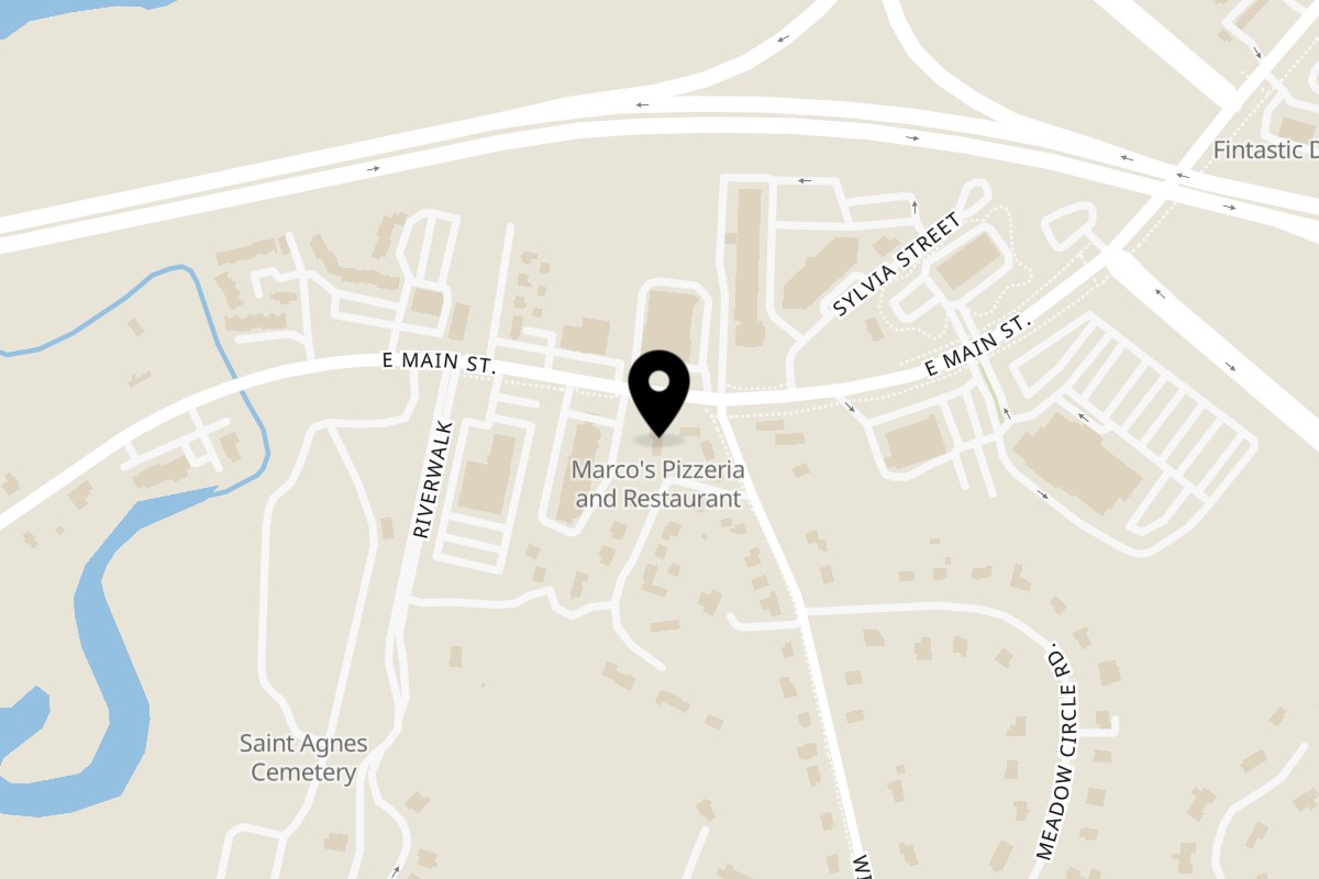 Map showing the location of Marco Pizzeria on 313 East Main St in Branford